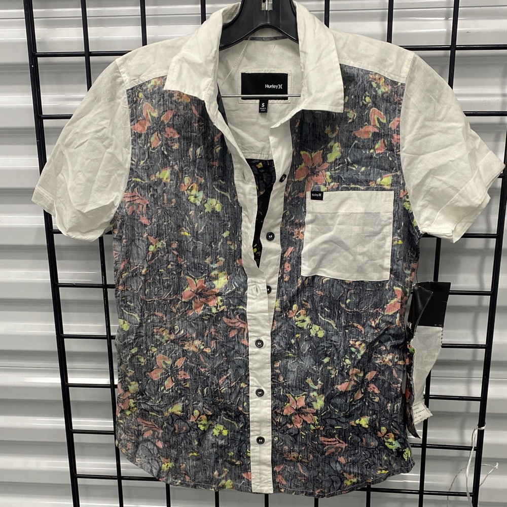 Hurley Men's Floral Button Down Shirt - Black, White, and Orange